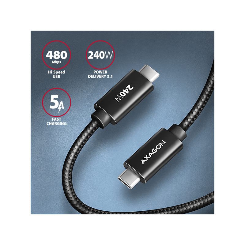 AXAGON BUCM2-CM20AB, CHARGE kábel USB-C -- USB-C, 2m, Hi-Speed USB, PD 240W 5A, ALU, oplet, čierny