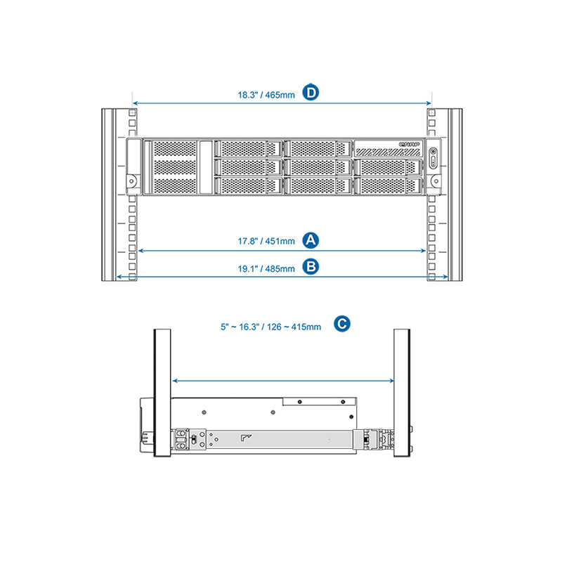 QNAP Rail Kit, podpora rack-post 126 ~ 415mm pre 1U/2U/3U short-depth rackmount QNAP model
