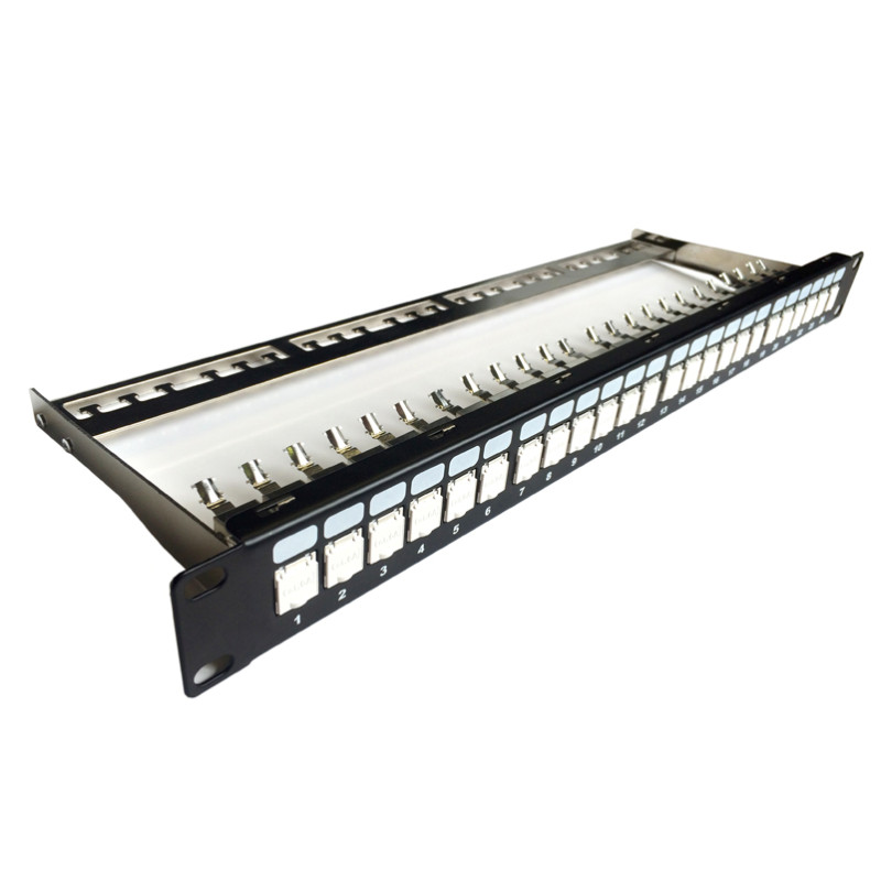 DATACOM Patch panel 19'' STP 24 port CAT6A 1U černý, vyväz. lišta, beznástrojový