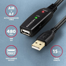 AXAGON ADR-215, USB 2.0 A-M - A-F aktívny predlžovací / repeater kábel, 15m