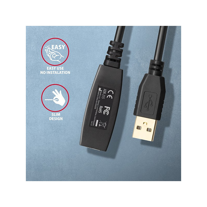AXAGON ADR-215, USB 2.0 A-M - A-F aktívny predlžovací / repeater kábel, 15m