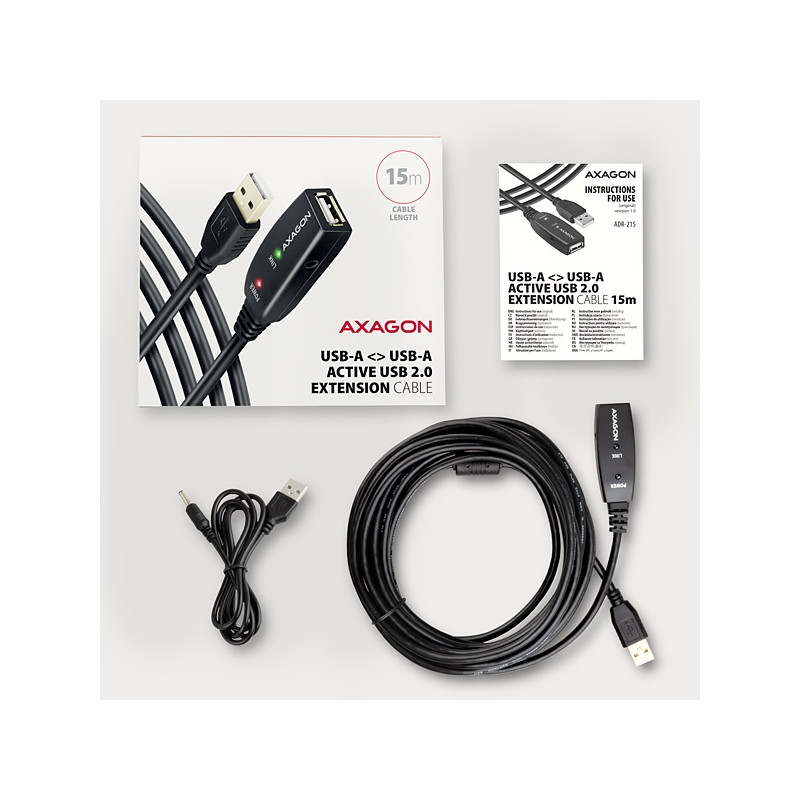 AXAGON ADR-215, USB 2.0 A-M - A-F aktívny predlžovací / repeater kábel, 15m
