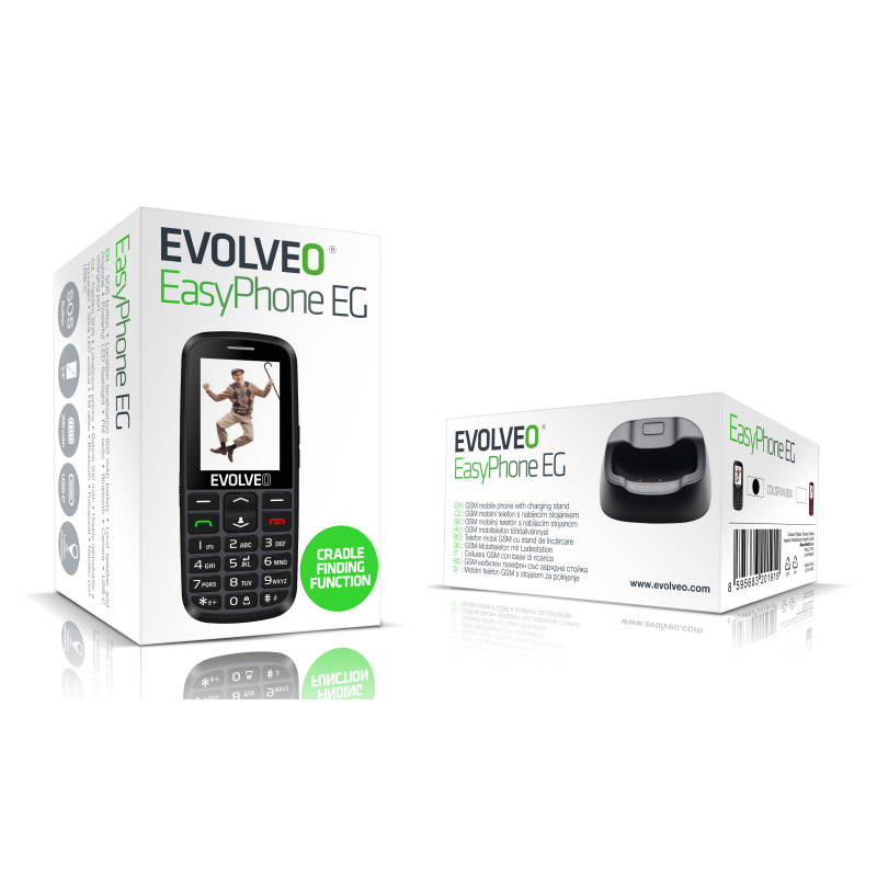 EVOLVEO EasyPhone EG, telefón pre seniorov, nabíjací stojan a adaptér, čierny