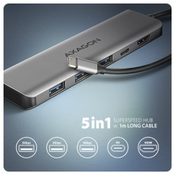 AXAGON HMC-5H, USB 5Gbps húb, 3x USB-A, HDMI 4k/30Hz, PD 100W, kábel USB-C 100cm