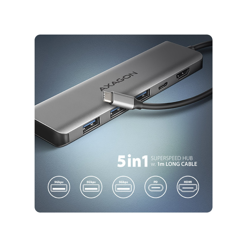 AXAGON HMC-5H, USB 5Gbps húb, 3x USB-A, HDMI 4k/30Hz, PD 100W, kábel USB-C 100cm