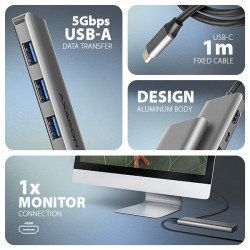 AXAGON HMC-5H, USB 5Gbps húb, 3x USB-A, HDMI 4k/30Hz, PD 100W, kábel USB-C 100cm