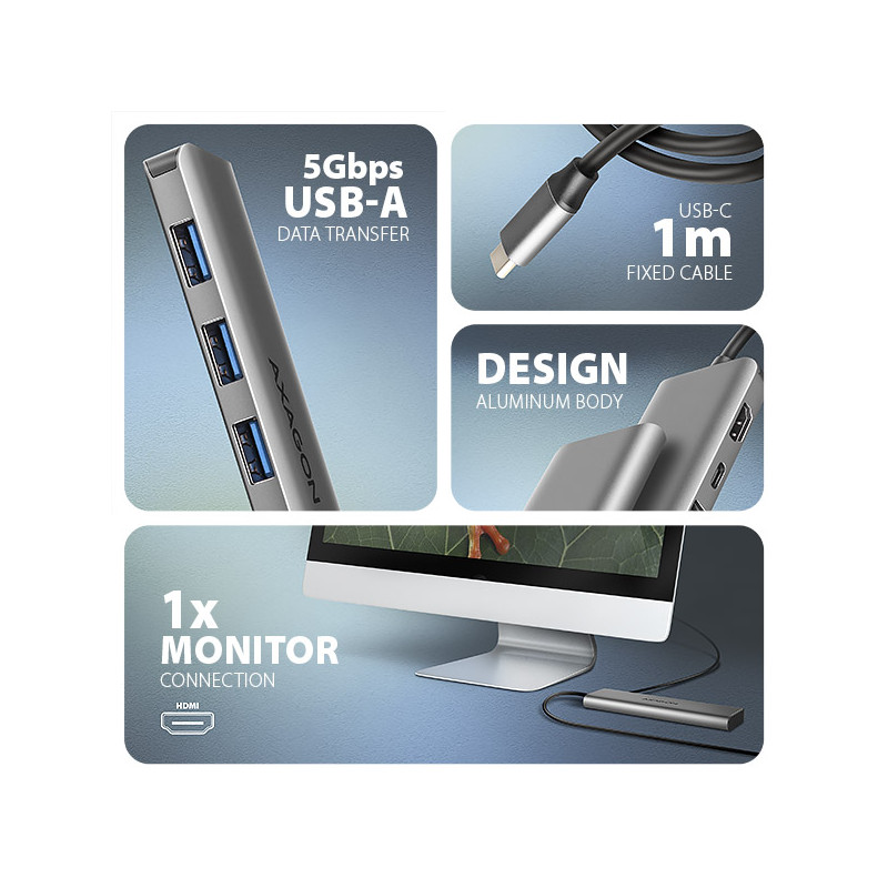 AXAGON HMC-5H, USB 5Gbps húb, 3x USB-A, HDMI 4k/30Hz, PD 100W, kábel USB-C 100cm
