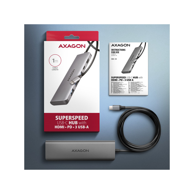 AXAGON HMC-5H, USB 5Gbps húb, 3x USB-A, HDMI 4k/30Hz, PD 100W, kábel USB-C 100cm