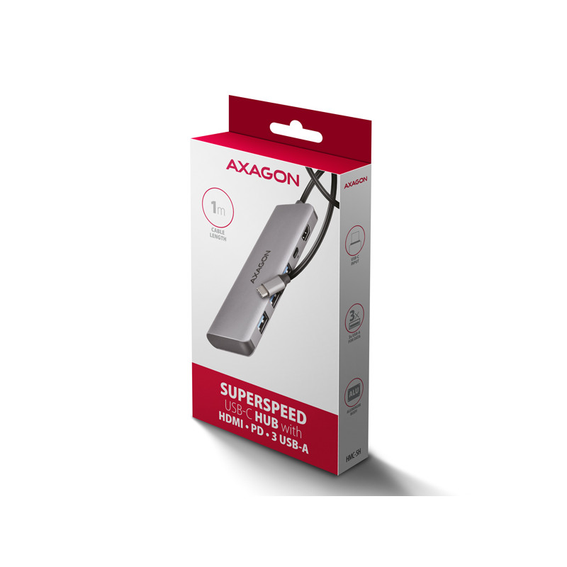 AXAGON HMC-5H, USB 5Gbps húb, 3x USB-A, HDMI 4k/30Hz, PD 100W, kábel USB-C 100cm
