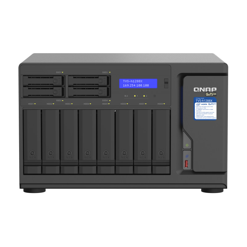 QNAP TVS-h1288X-W1250-16G (Xeon 3,3 GHz, ZFS, 16GB ECC RAM, 8x 3,5'' + 4x 2,5'', 2x M.2 NVMe, 4x 2,5GbE)