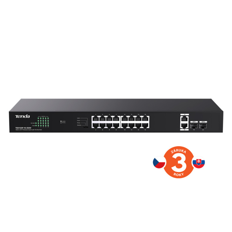 Tenda TEG1120P-16-250W PoE+ Gigabit switch 16x 1Gb/s PoE+ 802.3af/at + 2x SFP + 2x RJ45, 230W, Rack