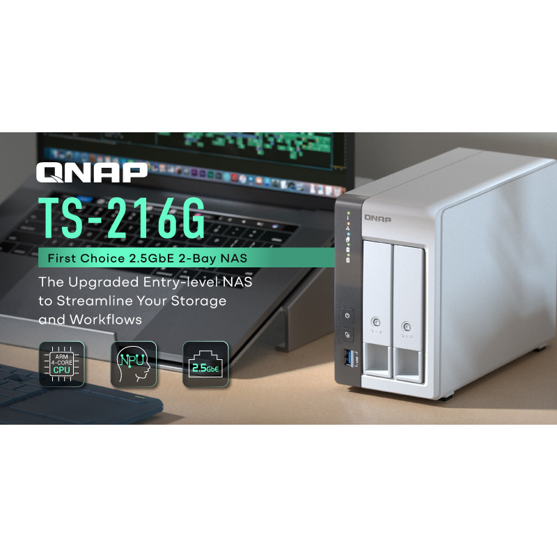QNAP TS-216G (4core 2,0 GHz + NPU, 4 GB RAM, 2x SATA, 1x GbE, 1x 2,5 GbE, 2x USB 2.0, 1x USB 3.2)