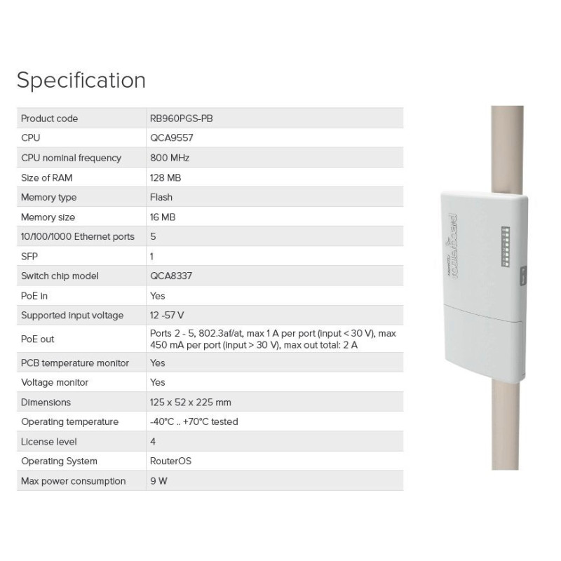 MIKROTIK RB960PGS-PB, 5xGB LAN, 1xSFP, 800MHz, 128RAM