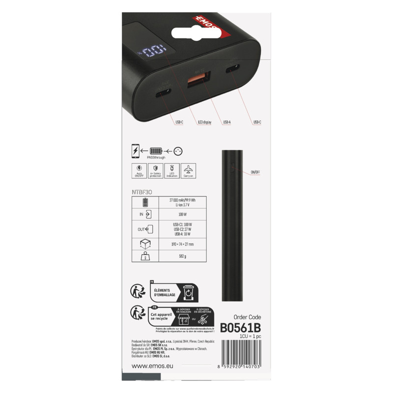 EMOS PWB NTBF30 27000 MAH 100 W PD 1×USB-C 1×USB-A