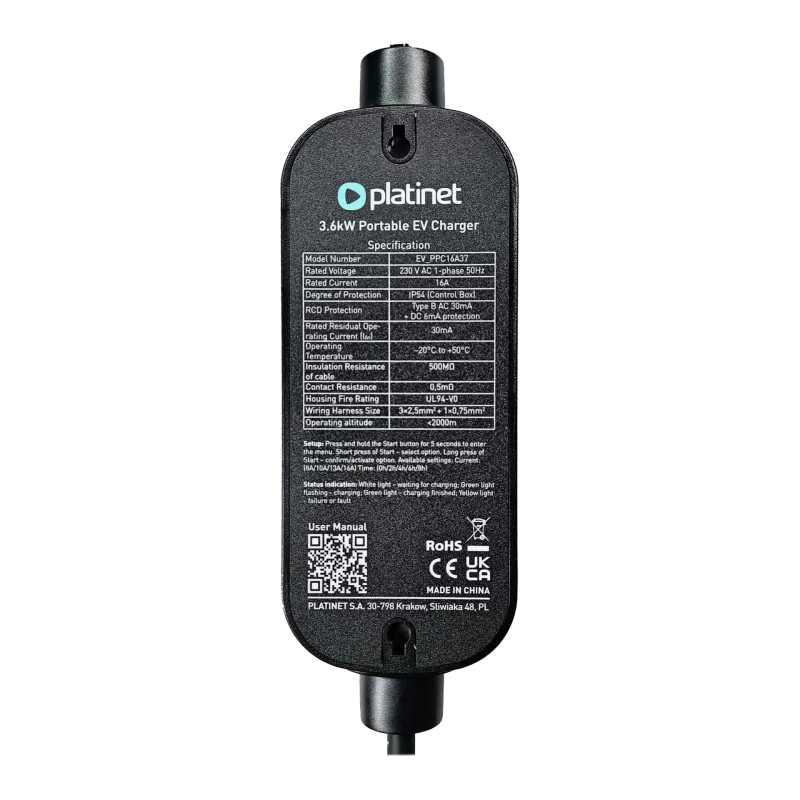 FELLOWES - Platinet prenosná EV nabíjačka PPC16A37 3,7 kW (16A), Schuko / Type 2, dĺžka 5m, čierna