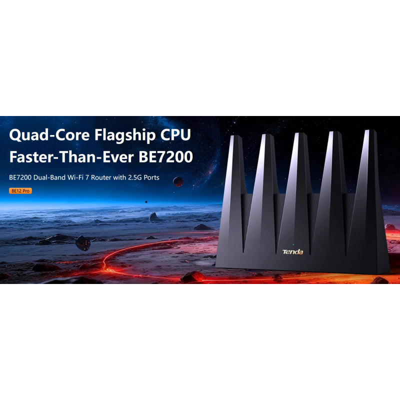 Tenda BE12 Pre BE7200 WiFi 7 Mesh Router, 2x 2.5G WAN/LAN, 3x 1G WAN/LAN, 7141 Mb/s, NFC, VPN