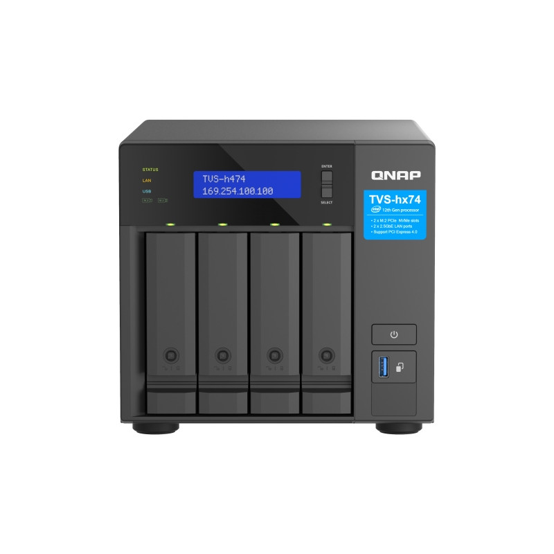 QNAP TVS-h474-PT-8G (2core 3,7 GHz, ZFS, 8 GB RAM, 4x SATA, 2x M.2 NVMe, 2x PCIe, 2x 2,5GbE, 1x HDMI)