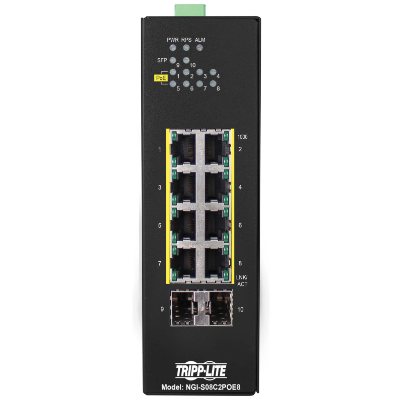 Tripplite Prepínač 8x zdroj Lite Manag. Eth. Switch,10/100/1000Mb/s,2GbE SFP,PoE+ 30W,-10°+60°C,DIN