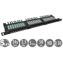 19'' patch panel Solarix 24xRJ45 CAT5E UTP s vyväzovacou lištou čierny 0,5U SX24HD-5E-UTP-BK