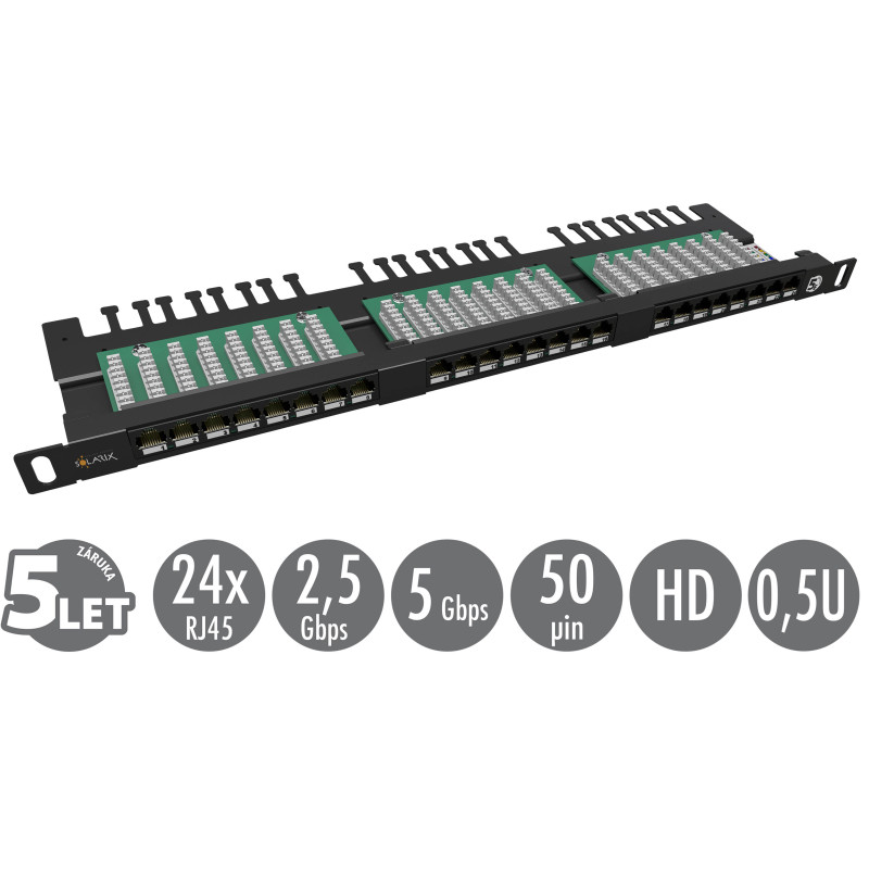 19'' patch panel Solarix 24xRJ45 CAT5E UTP s vyväzovacou lištou čierny 0,5U SX24HD-5E-UTP-BK