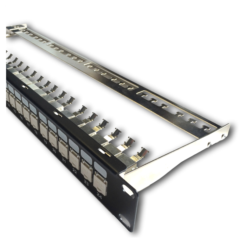 DATACOM Patch panel 19'' STP 24 port CAT6A 1U čierny, vyvaz.lišta, beznástrojový
