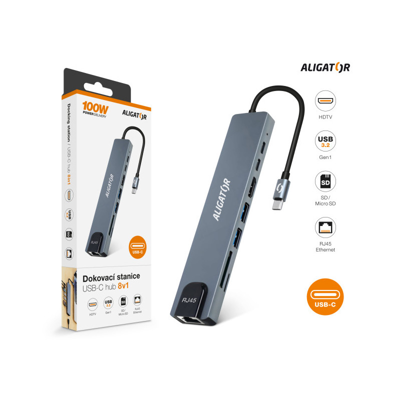 Aligator Dokovacia stanica USB-C/Hub 8v1 (USB-C/2xUSB/SD/MicroSD/HDTV/RJ45)