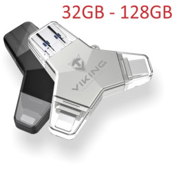 VIKING USB FLASH DISK 3.0 4v1 64GB, S KONCOVKOU APPLE LIGHTNING, USB-C, MICRO USB, USB3.0, strieborná