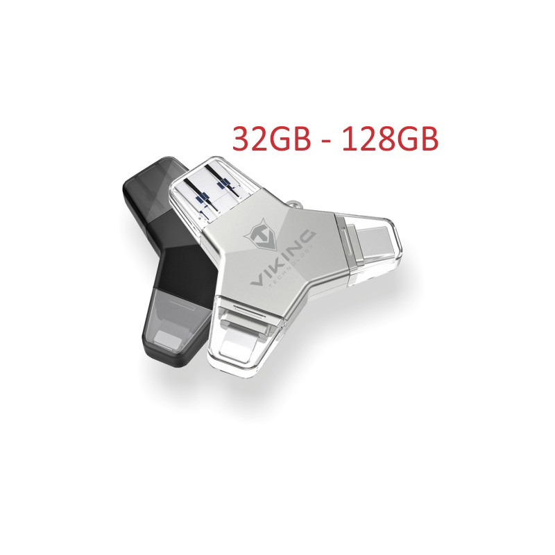 VIKING USB FLASH DISK 3.0 4v1 64GB, S KONCOVKOU APPLE LIGHTNING, USB-C, MICRO USB, USB3.0, strieborná