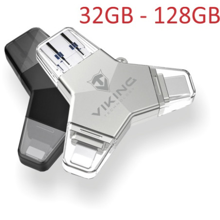 VIKING USB FLASH DISK 3.0 4v1 64GB, S KONCOVKOU APPLE LIGHTNING, USB-C, MICRO USB, USB3.0, strieborná