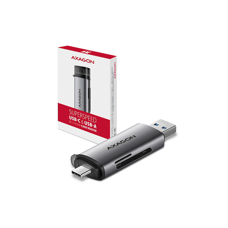 AXAGON CRE-SAC, USB3.2 Gen 1 Type-C + Type-A externá čítačka kariet SD/microSD, podpora UHS-I