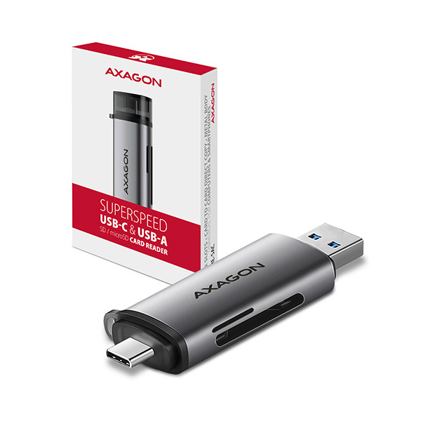 AXAGON CRE-SAC, USB32 Gen 1 Type-C + Type-A externá čítačka kariet SD/microSD, podpora UHS-I