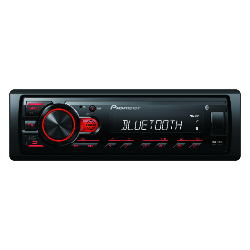 Pioneer MVH-230 autorádio s USB a Bluetooth s integrovaným mikrofónom červené