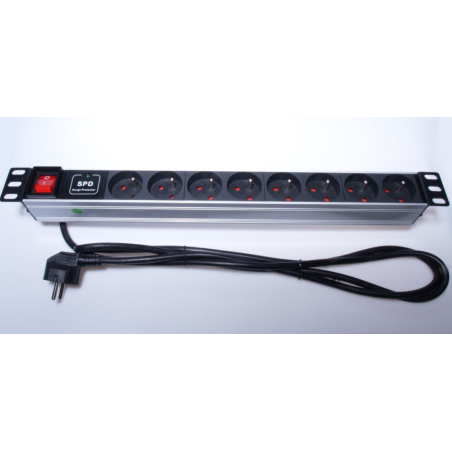 PremiumCord Panel napájací 1U do 19'' racku, 8x230V, prepäťová ochrana, 2m kábel, vypínač