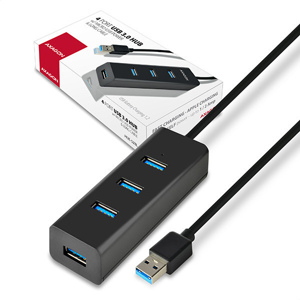 AXAGON HUE-S2BL, 4x USB 30 CHARGING húb, micro USB napr konektor, kábel USB-A 12m