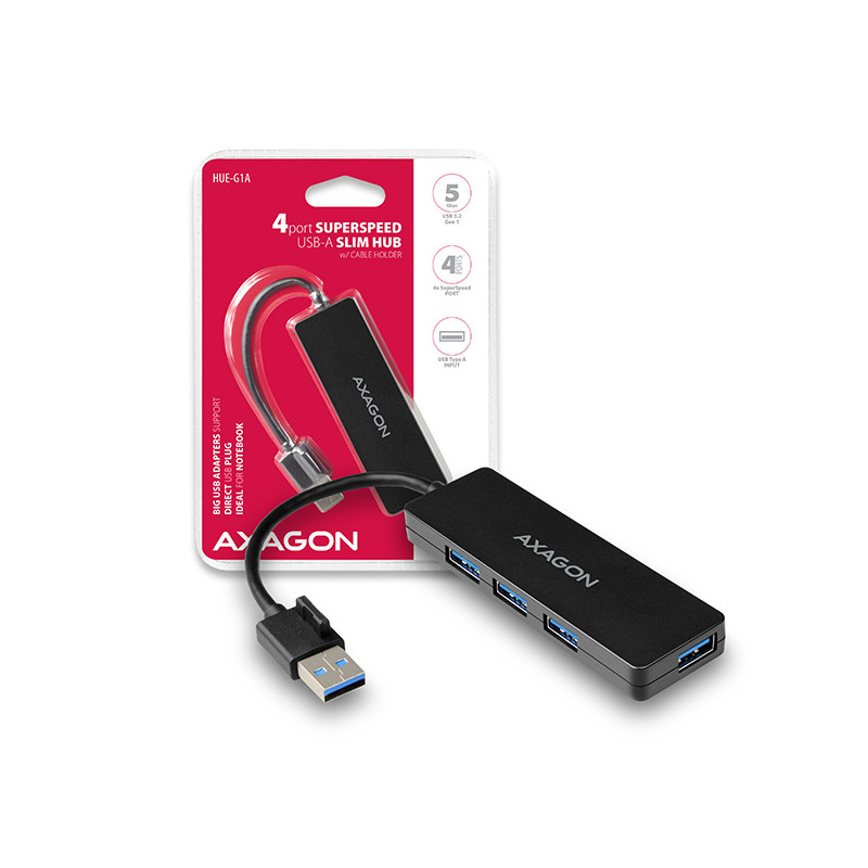 AXAGON HUE-G1A, 4x USB 3.2 Gen 1 SLIM hub, kábel Type-A 14cm napevno