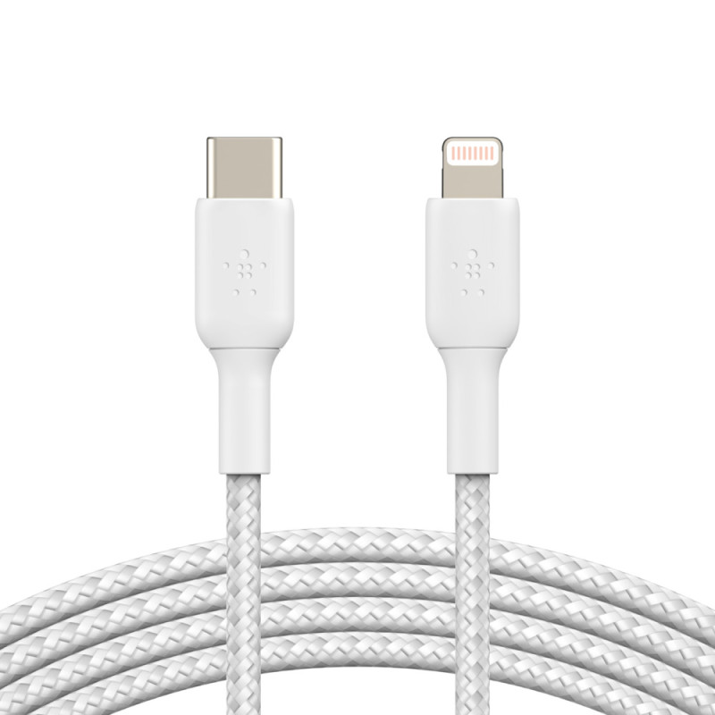 BELKIN kábel opletaný USB-C - Lightning, 1m, biely