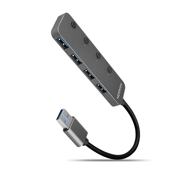 AXAGON HUE-MSA, 4x USB 32 Gen 1 SWITCH húb, kovový, micro USB napr konektor, kábel USB-A 20cm