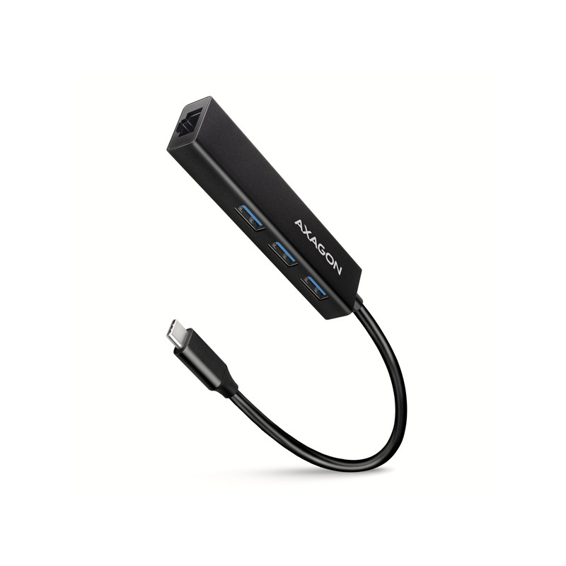 AXAGON HMC-GL3A, USB 3.2 Gen 1 hub, porty 3x USB-A + Gigabit Ethernet, kovový, kábel USB-C 20cm