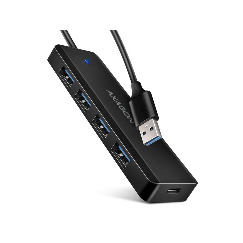 AXAGON HUE-C1A, 4x USB 5Gbps TRAVEL hub, USB-C napájací konektor, kábel USB-A 19cm