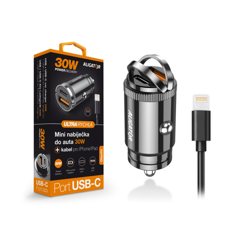Aligator mini nabíjačka do auta Power Delivery 30W, USB-C + USB-A, USB-C kábel pre iPhone / iPad