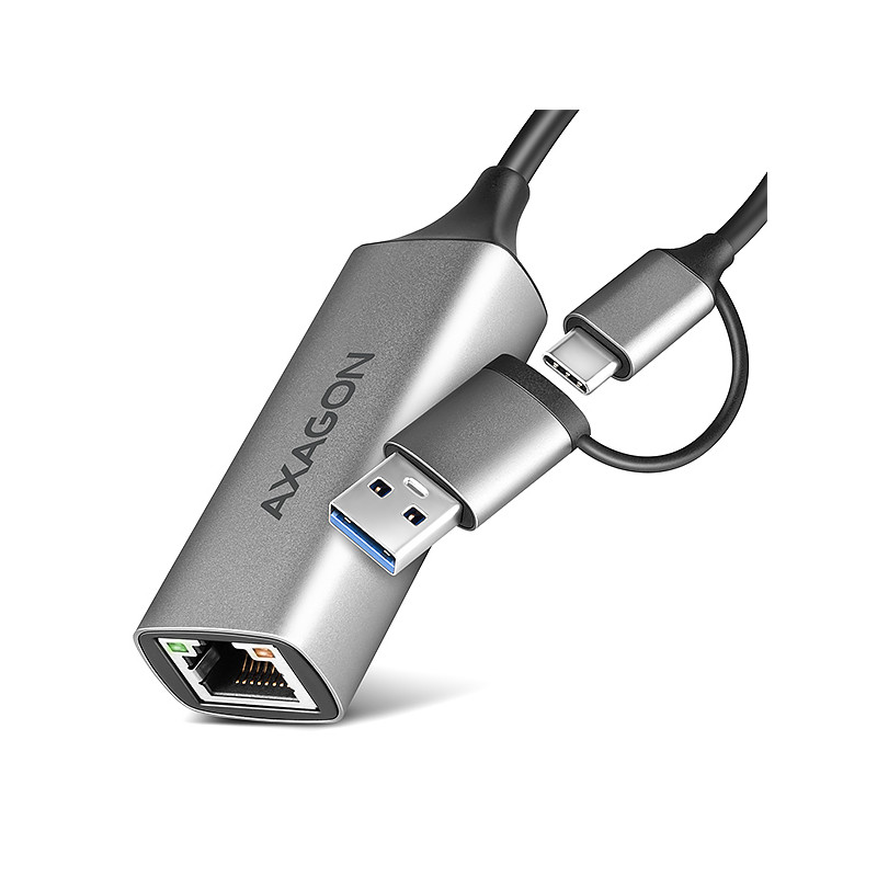 AXAGON ADE-TXCA, USB-C + USB-A 3.2 Gen 1 - Gigabit Ethernet sieťová karta, Asix AX88179, auto inštal