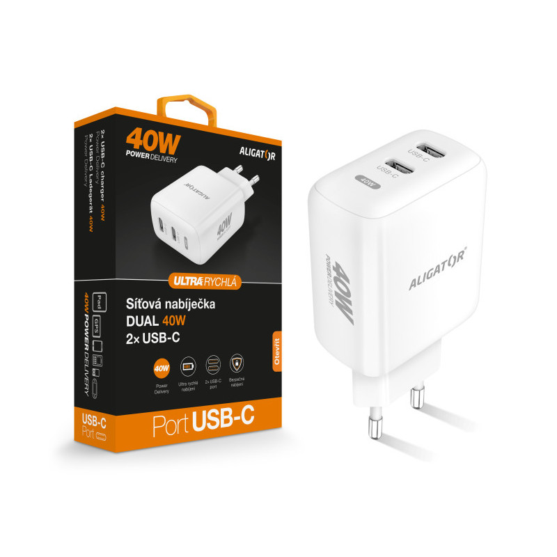Múdra sieťová nabíjačka ALIGATOR Power Delivery 40W, 2xUSB-C, biela