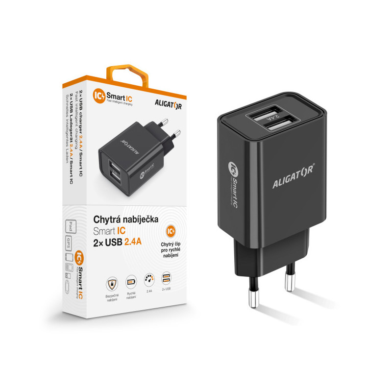 Múdra sieťová nabíjačka ALIGATOR 2,4A, 2xUSB, smart IC, čierna