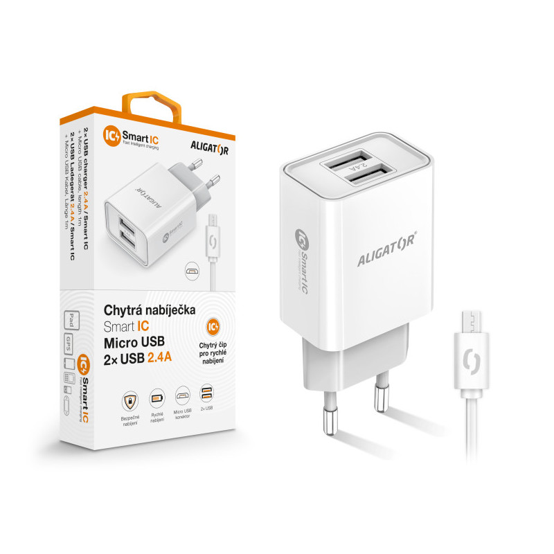 Múdra sieťová nabíjačka ALIGATOR 2,4A, 2xUSB, smart IC, biela, micro USB kábel