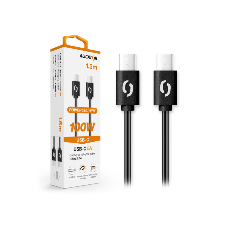 Dátový kábel ALIGATOR POWER 100W, USB-C/USB-C 5A, 1,5m čierny