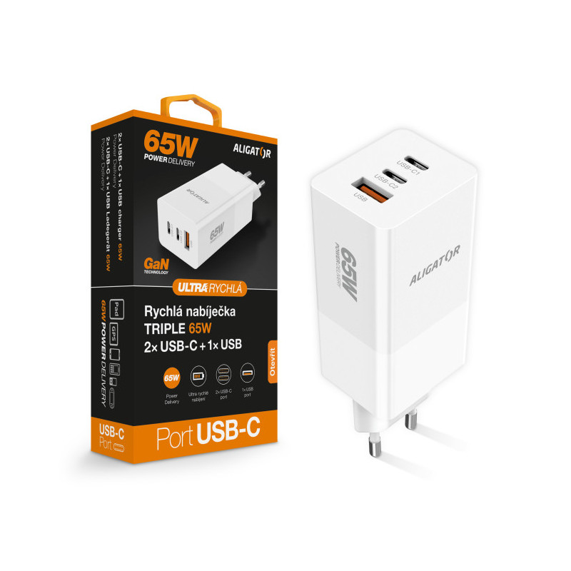 Aligator nabíjačka PD65W, 2USB-C, 1xUSB-A, biela