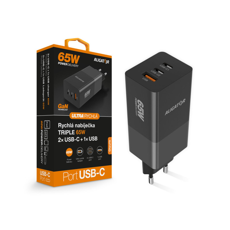Aligator nabíjačka PD65W, 2USB-C, 1xUSB-A, čierna