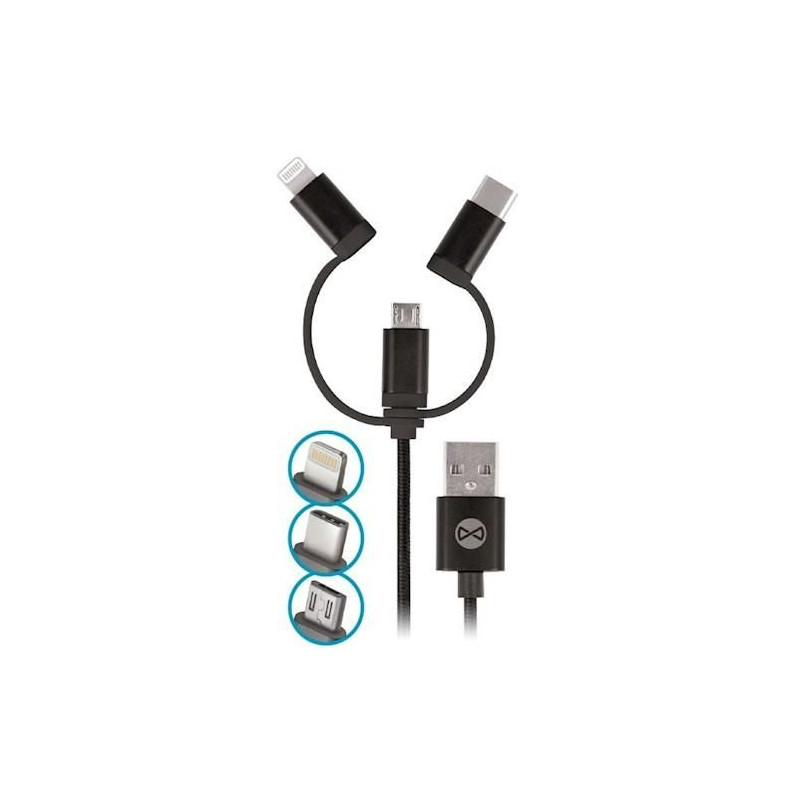 Dátový kábel Forever 3v1 USB/microUSB, Lightning, USB-C 1m 1,5A čierny