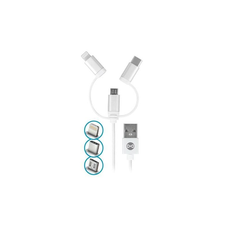 Dátový kábel Forever 3v1 micro USB+Lightning+USB-C 1m 1,5A biely