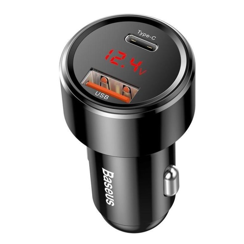Baseus nabíjačka do auta Magic USB-C PD, USB-A 45W s displejom čierna